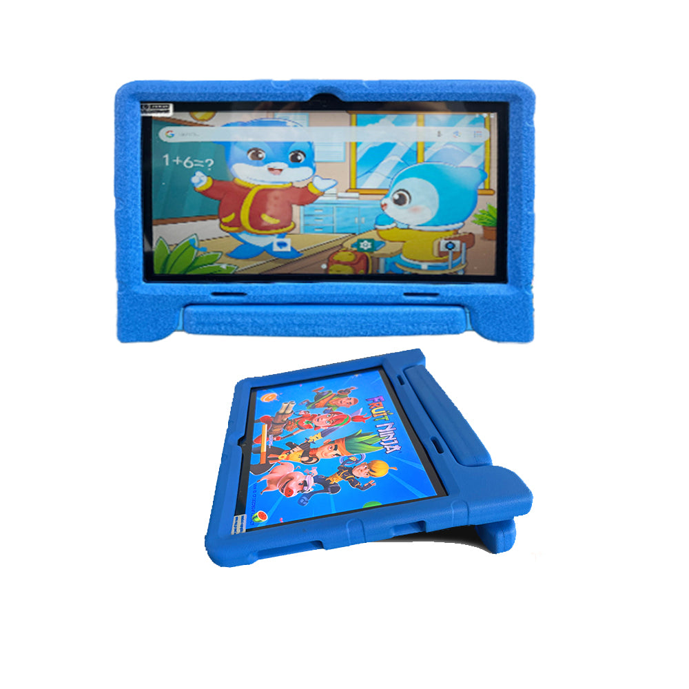Children's tablet with blue case displaying educational content on a white background