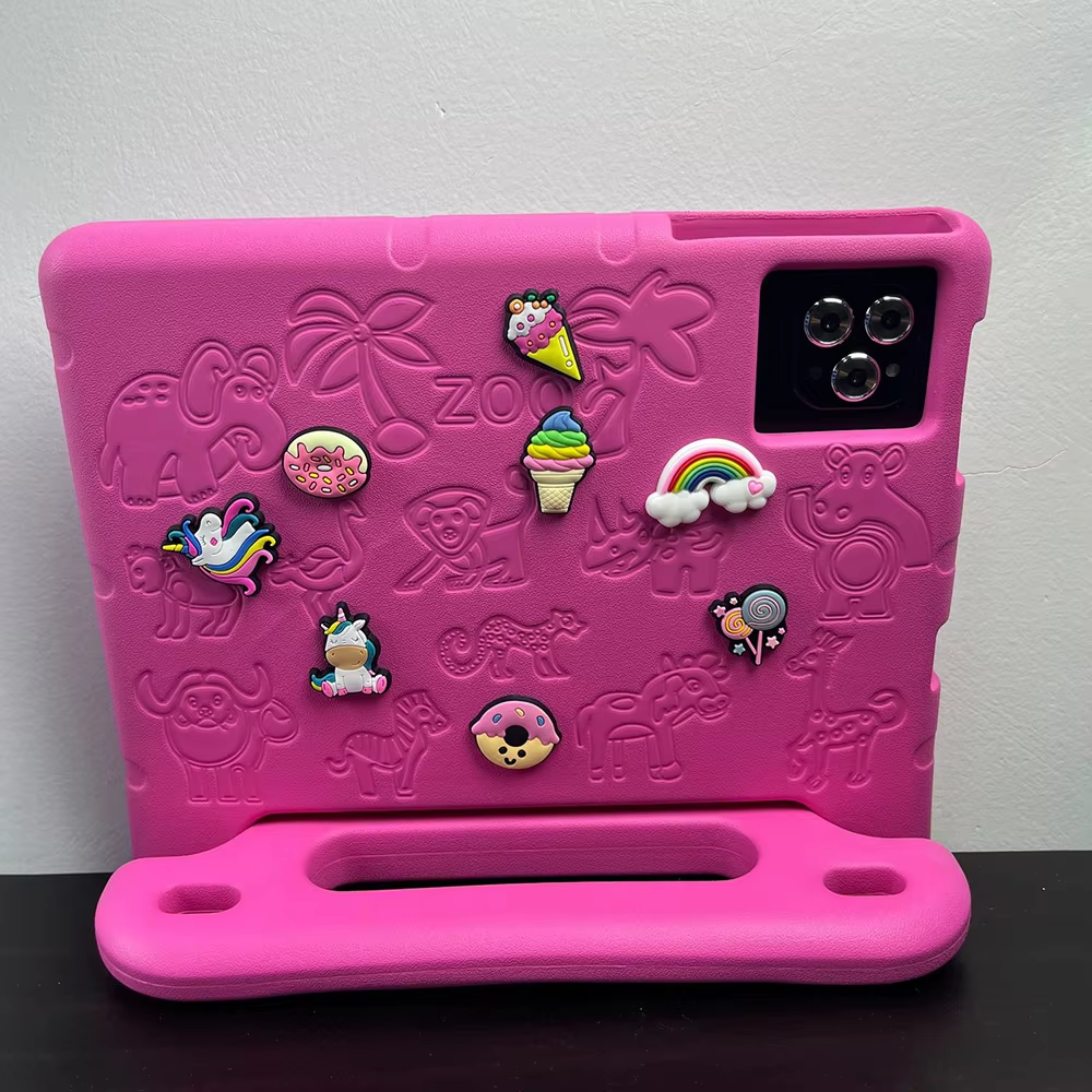 Pink case with various colorful stickers on a gray background