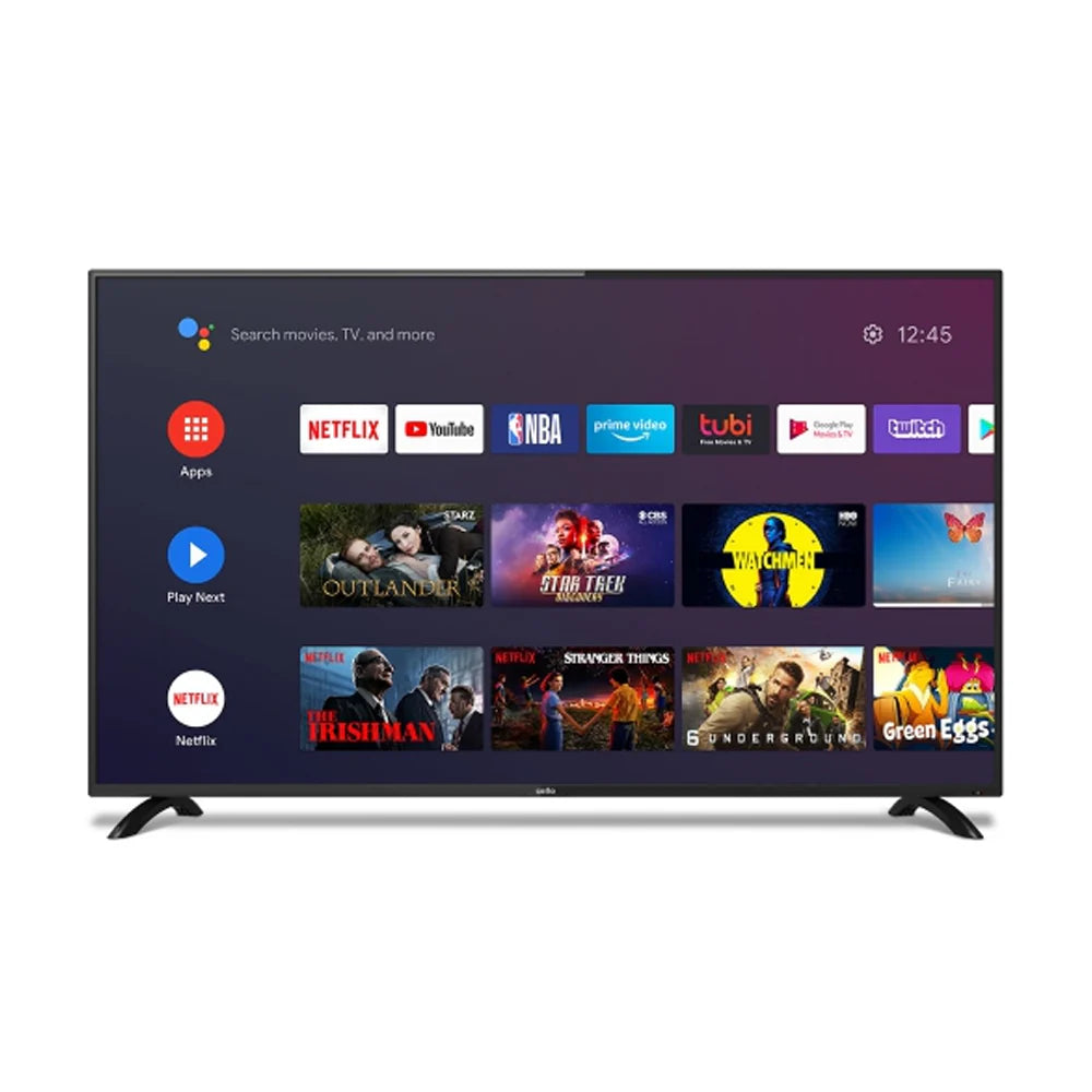 Smart TV displaying streaming app icons and movie thumbnails on a white background