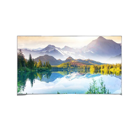 TV displaying a scenic mountain and lake image on a white background