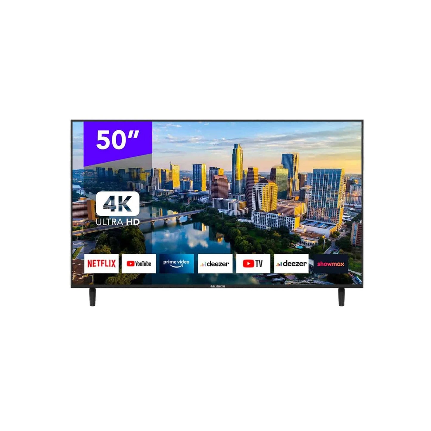 50-inch TV displaying a cityscape with streaming service logos on the screen.