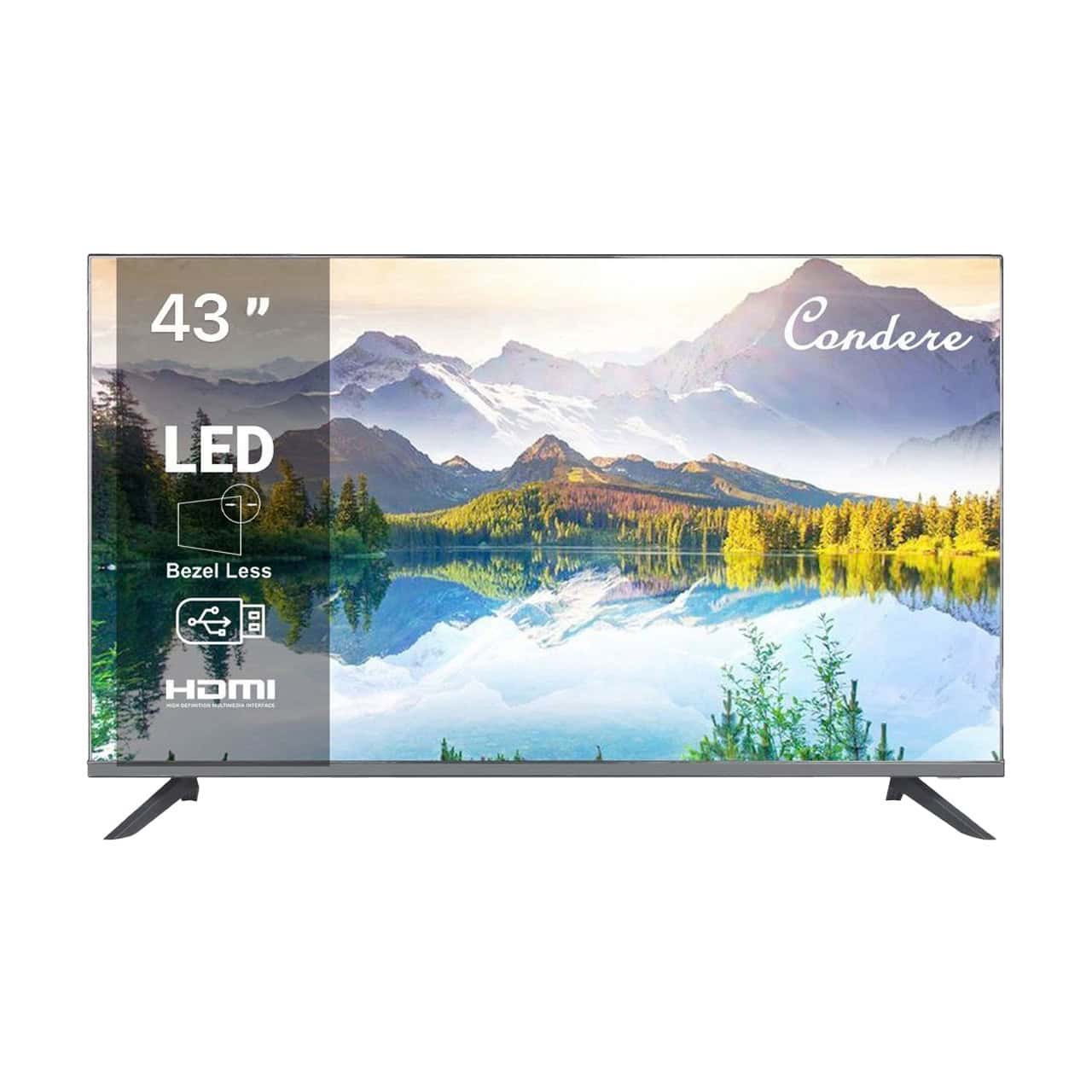 43-inch LED TV with scenic display on a white background