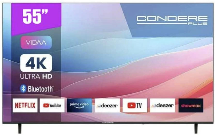 55-inch Condere Plus TV with multiple streaming app logos on a colorful background