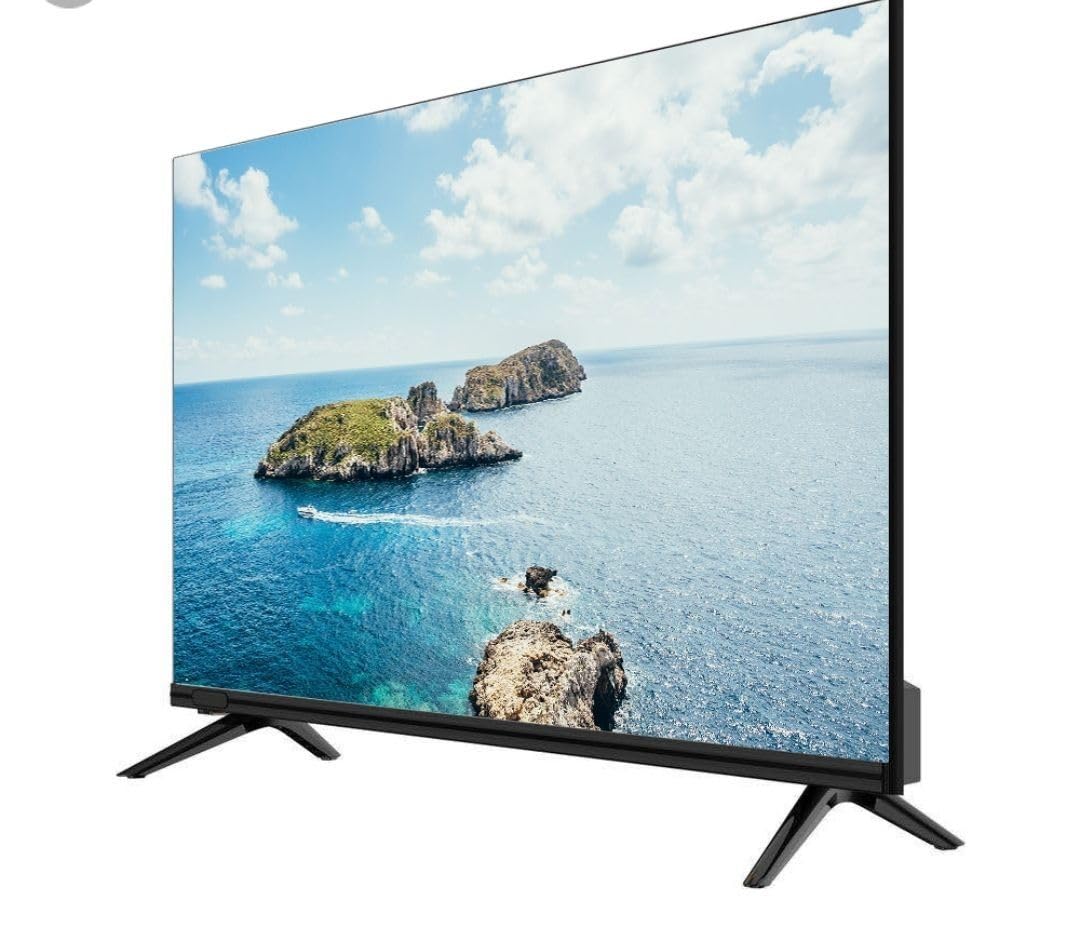 TV displaying an island scene with a blue sky and ocean