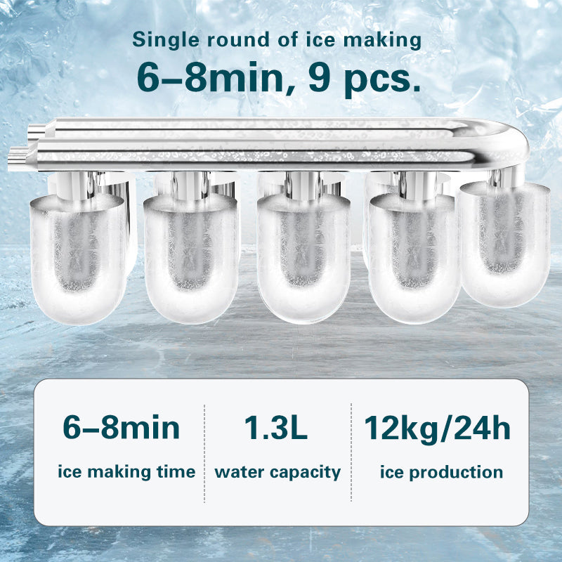 Ice maker with ice production details on a blue background
