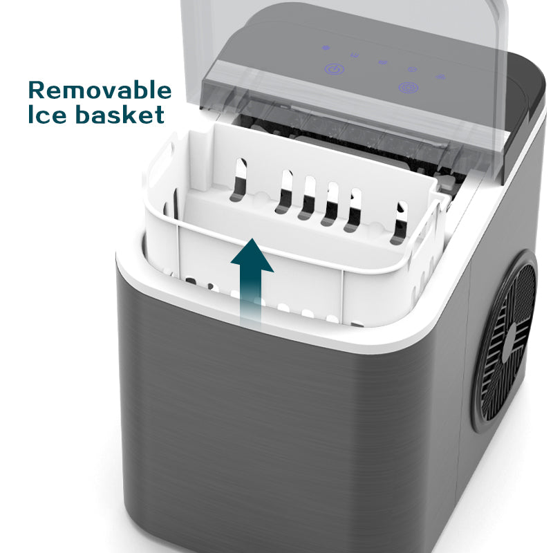 Portable ice maker with a removable ice basket on a white background
