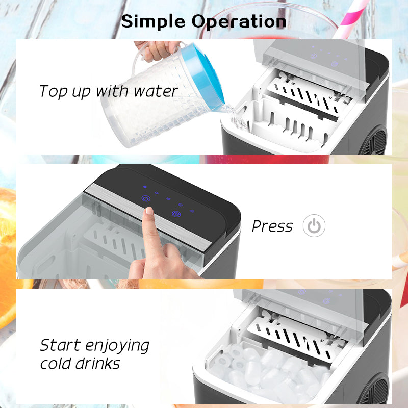 Step-by-step guide on using a portable ice maker with text instructions.