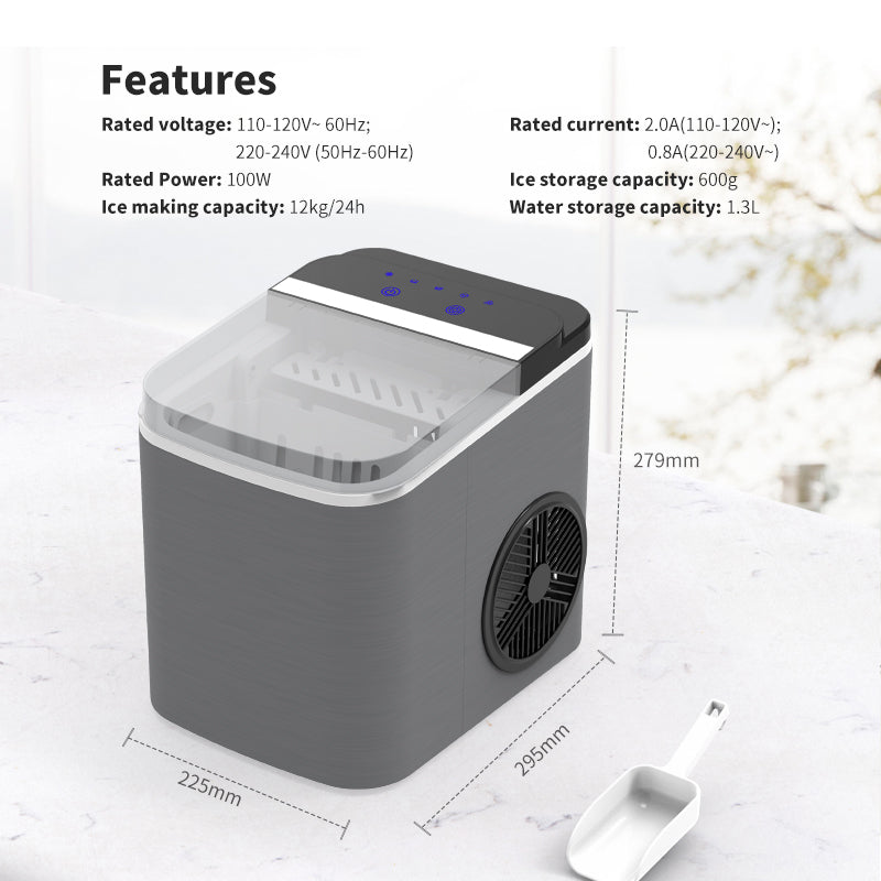 Portable ice maker with features listed on a light gray background