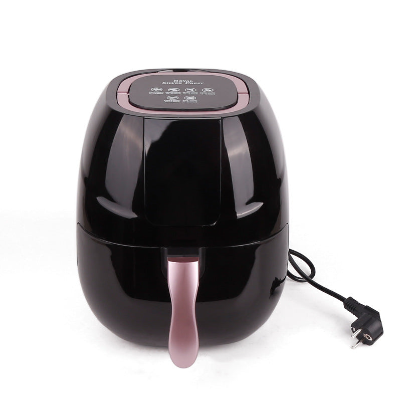 Black air fryer with pink handle on a white background