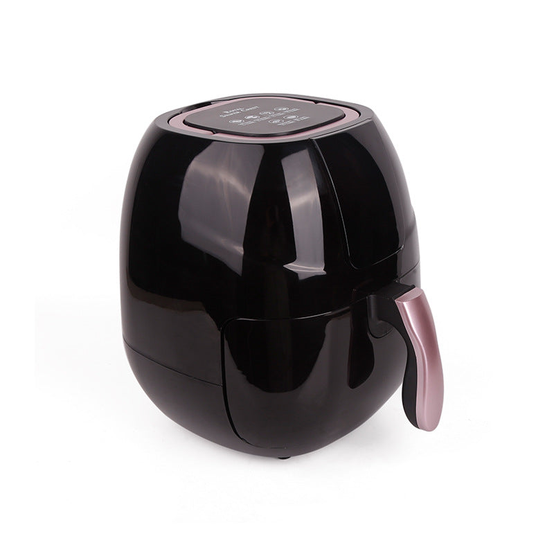 Black air fryer with pink handle on a white background