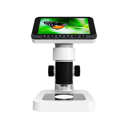 Digital microscope with screen displaying a butterfly on a leaf on a white background