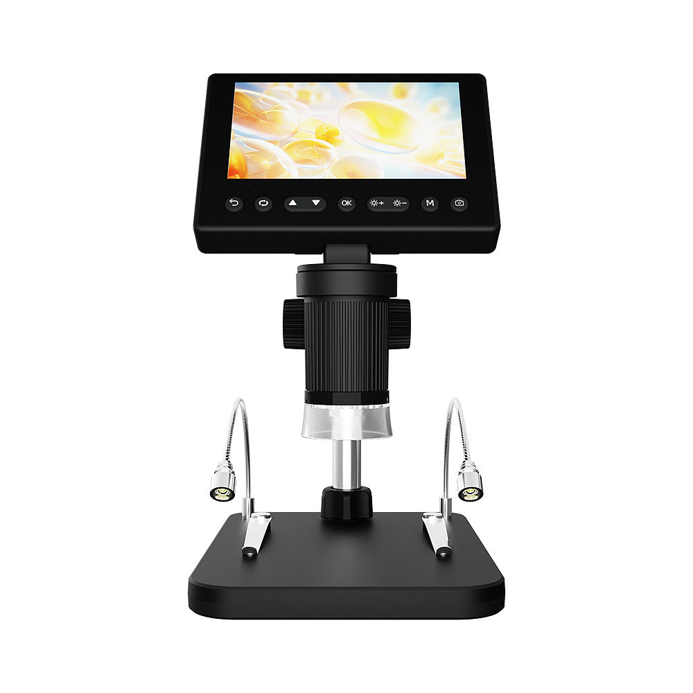 Digital microscope with a screen displaying an image on a white background