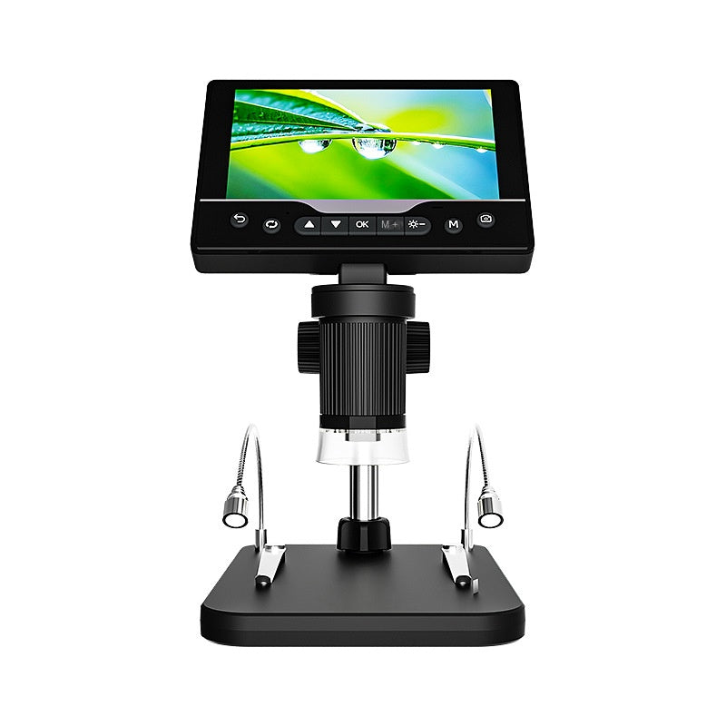 Digital microscope with a screen displaying a close-up image on a white background