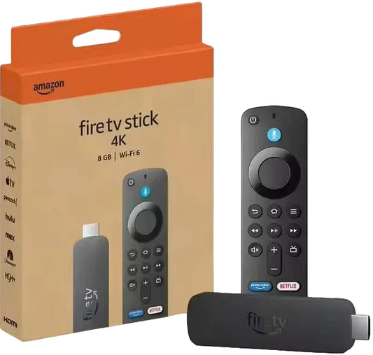 Amazon Fire TV Stick 4K with remote and packaging on a white background