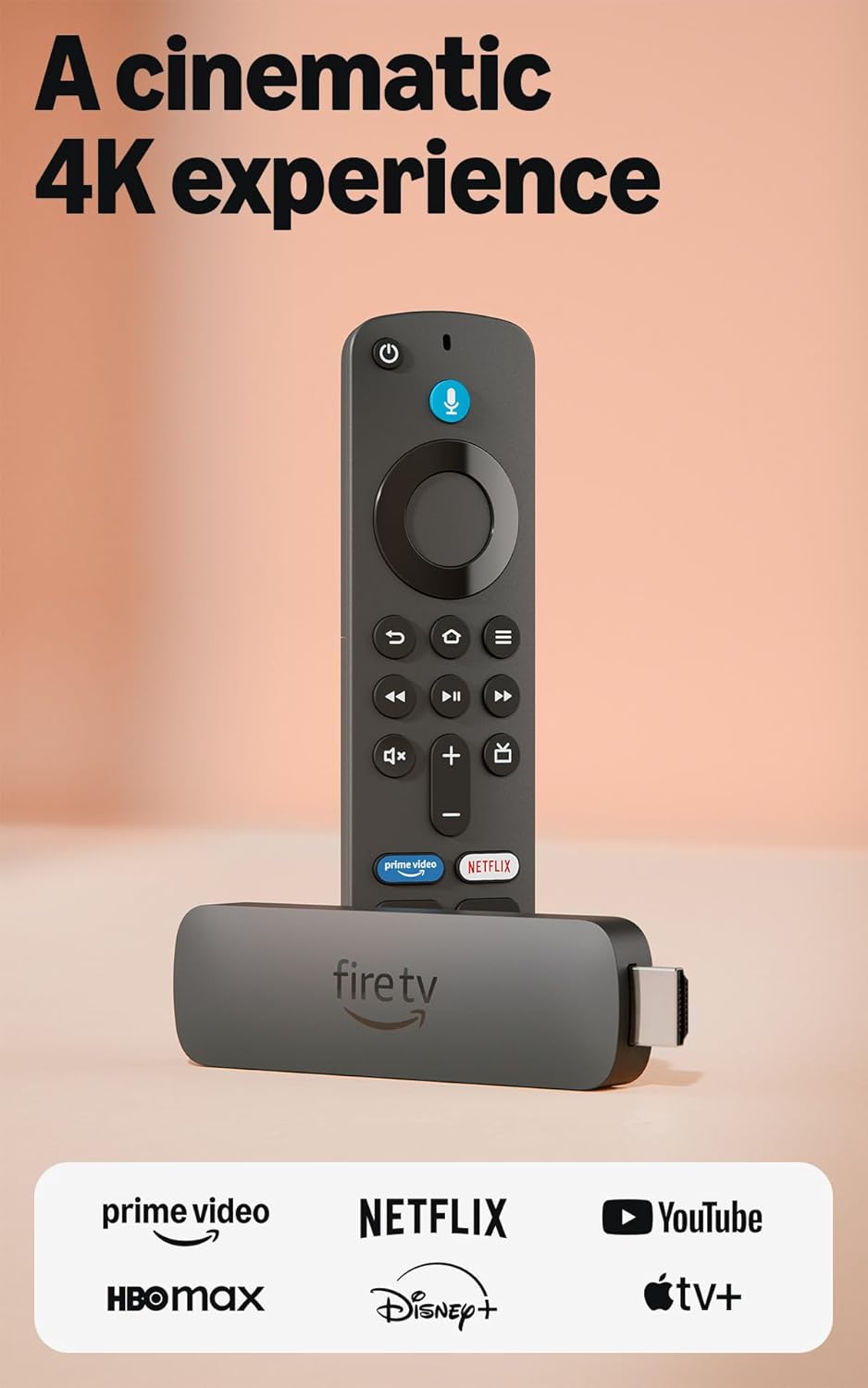 Amazon Fire TV stick with remote on a peach background, featuring streaming service logos.