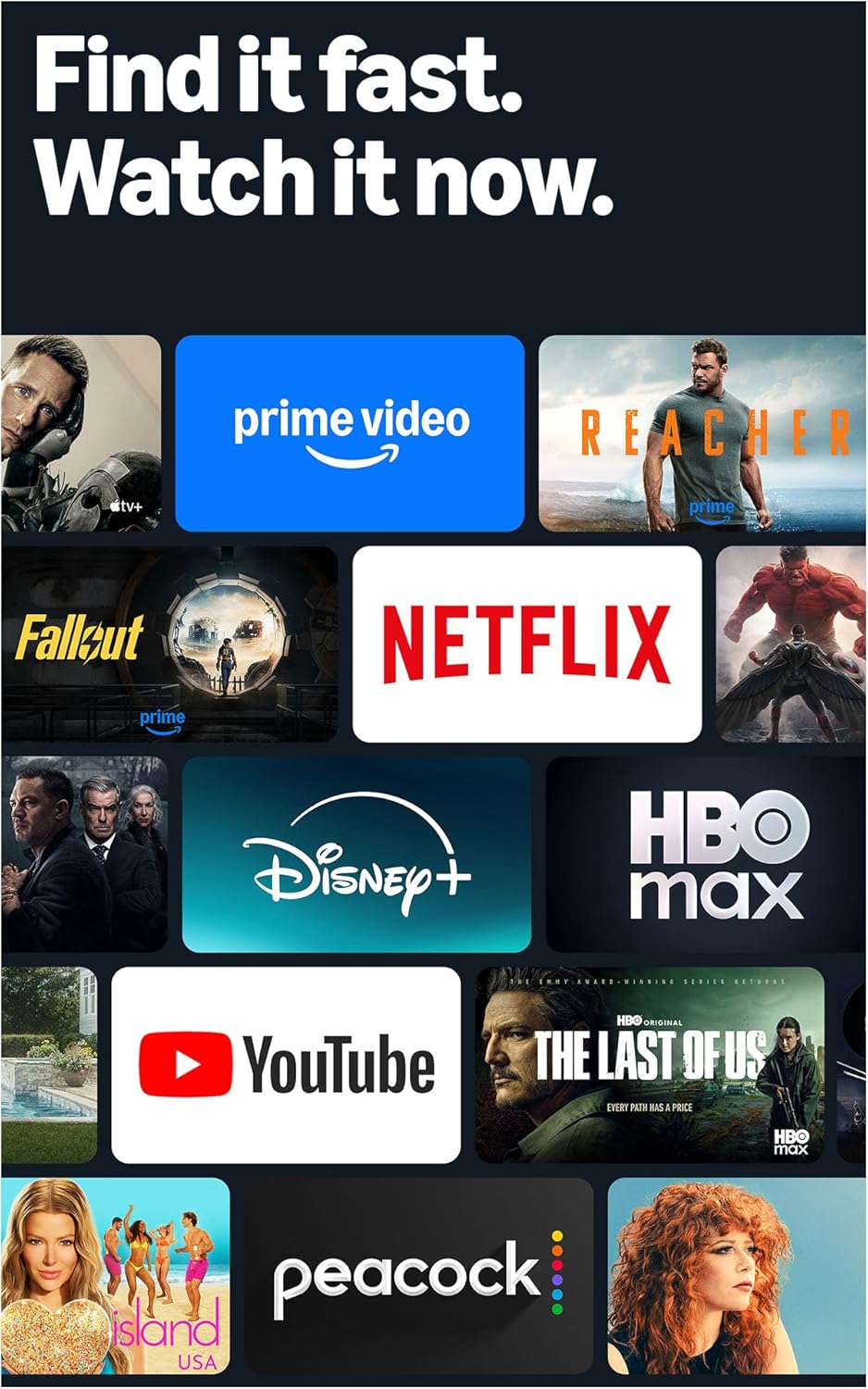 Collage of streaming service logos including Prime Video, Netflix, Disney+, HBO Max, YouTube, and Peacock with promotional text 'Find it fast. Watch it now.