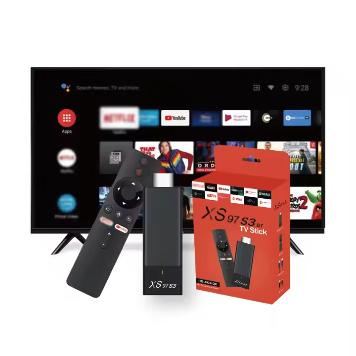 TV stick with remote control and packaging on a white background