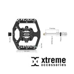 Black bicycle pedal with labeled parts and Xtreme Xcessories branding on a white background
