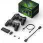 Gaming controllers, USB cable, and adapter on a white background with a green box.