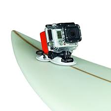 GoPro camera mounted on a surfboard with a white background