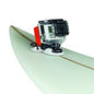 GoPro camera mounted on a surfboard with a white background