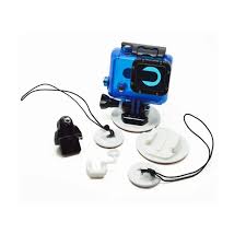 Blue action camera with accessories on a white background