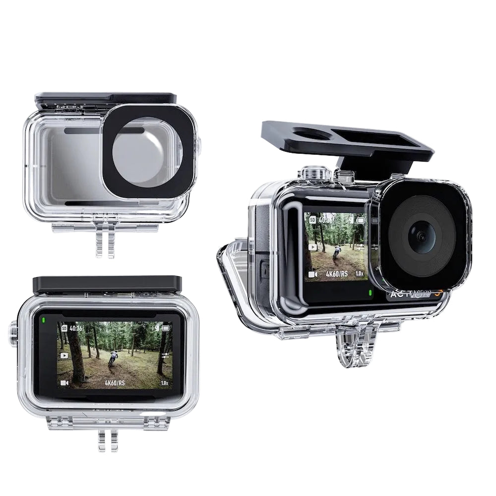 Action camera with clear protective case and Telesin branding on a white background