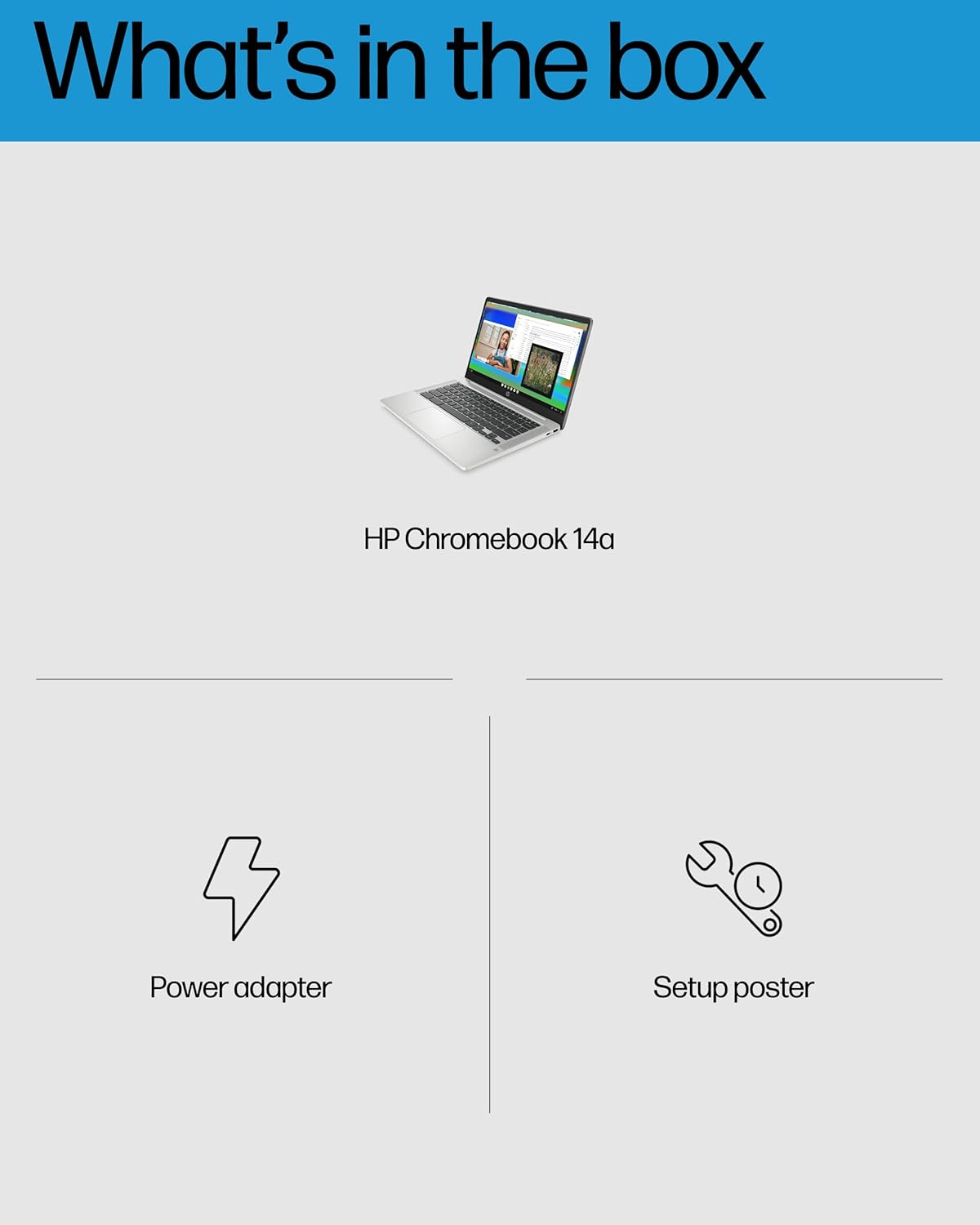 HP Chromebook 14a with power adapter and setup poster on a white background