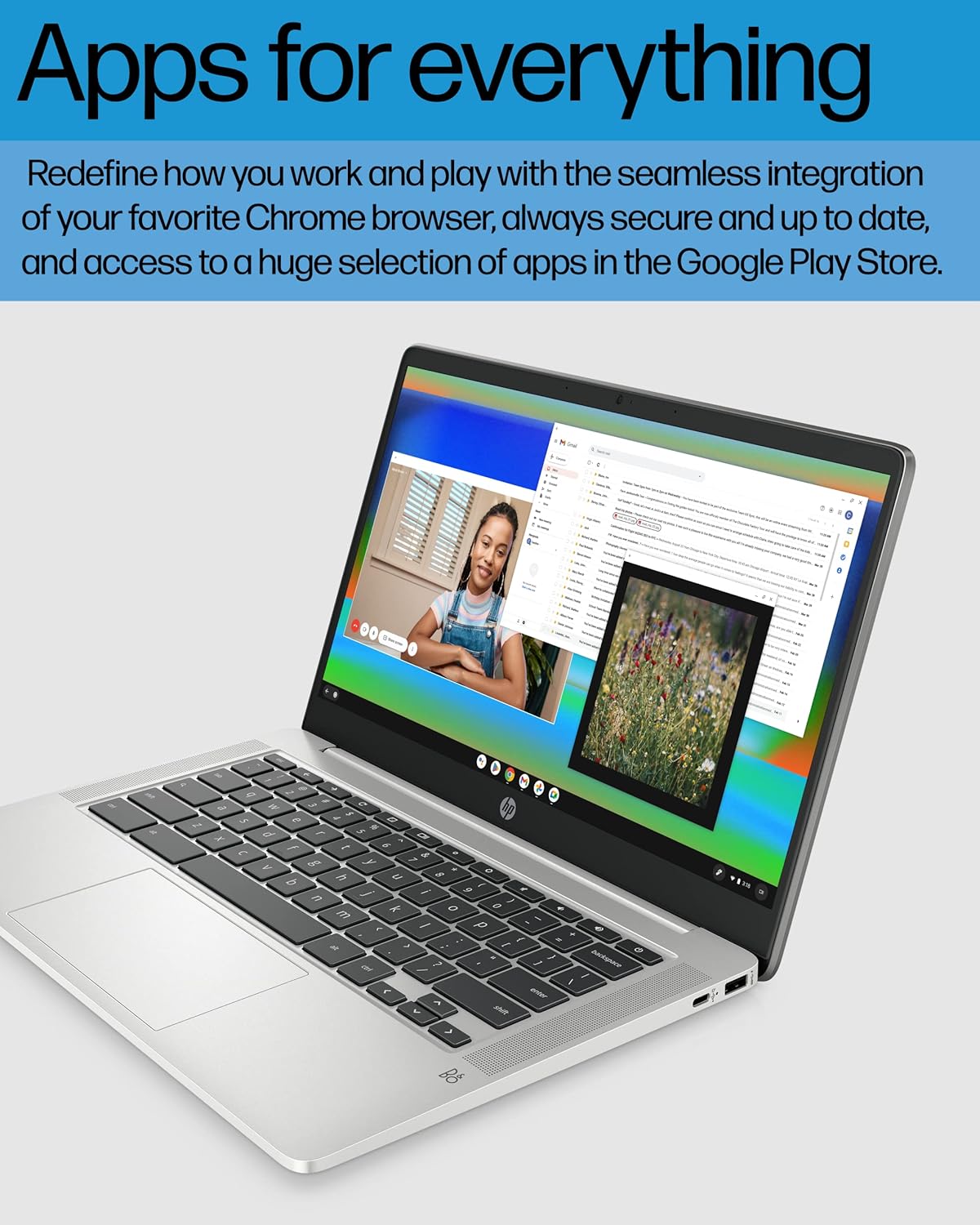 Laptop with a browser open on the screen, displaying text about Chrome browser integration and Google Play Store access.