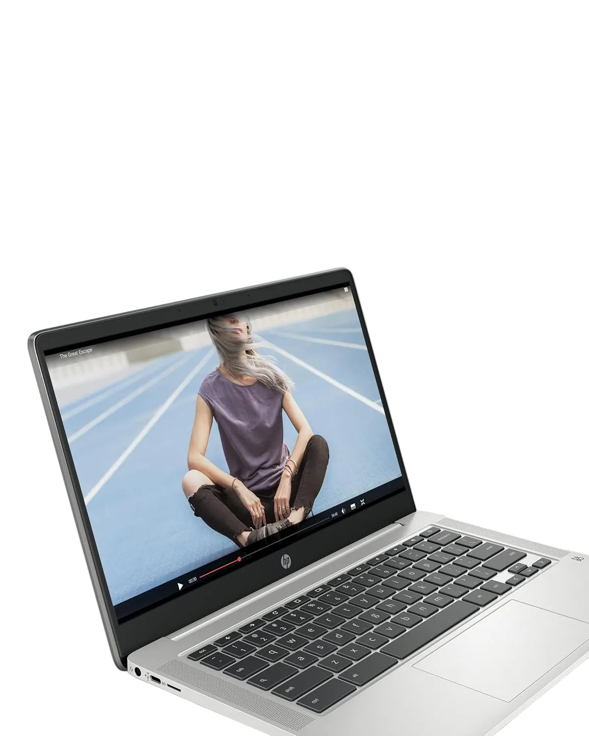 Laptop displaying a woman on the screen with text about performance and charging capabilities.