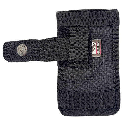 Black tactical phone holster with Maverick logo on a white background