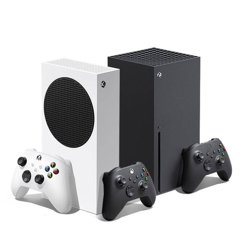 Gaming console with two controllers on a white background