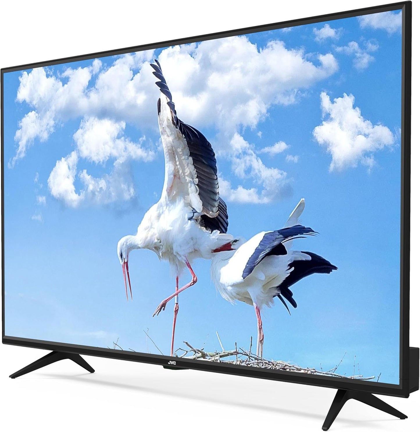 TV displaying two storks against a blue sky with clouds