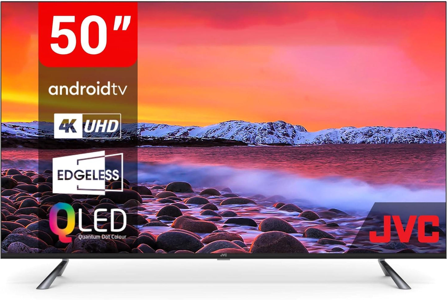 50-inch JVC TV displaying a scenic view with brand logos on screen