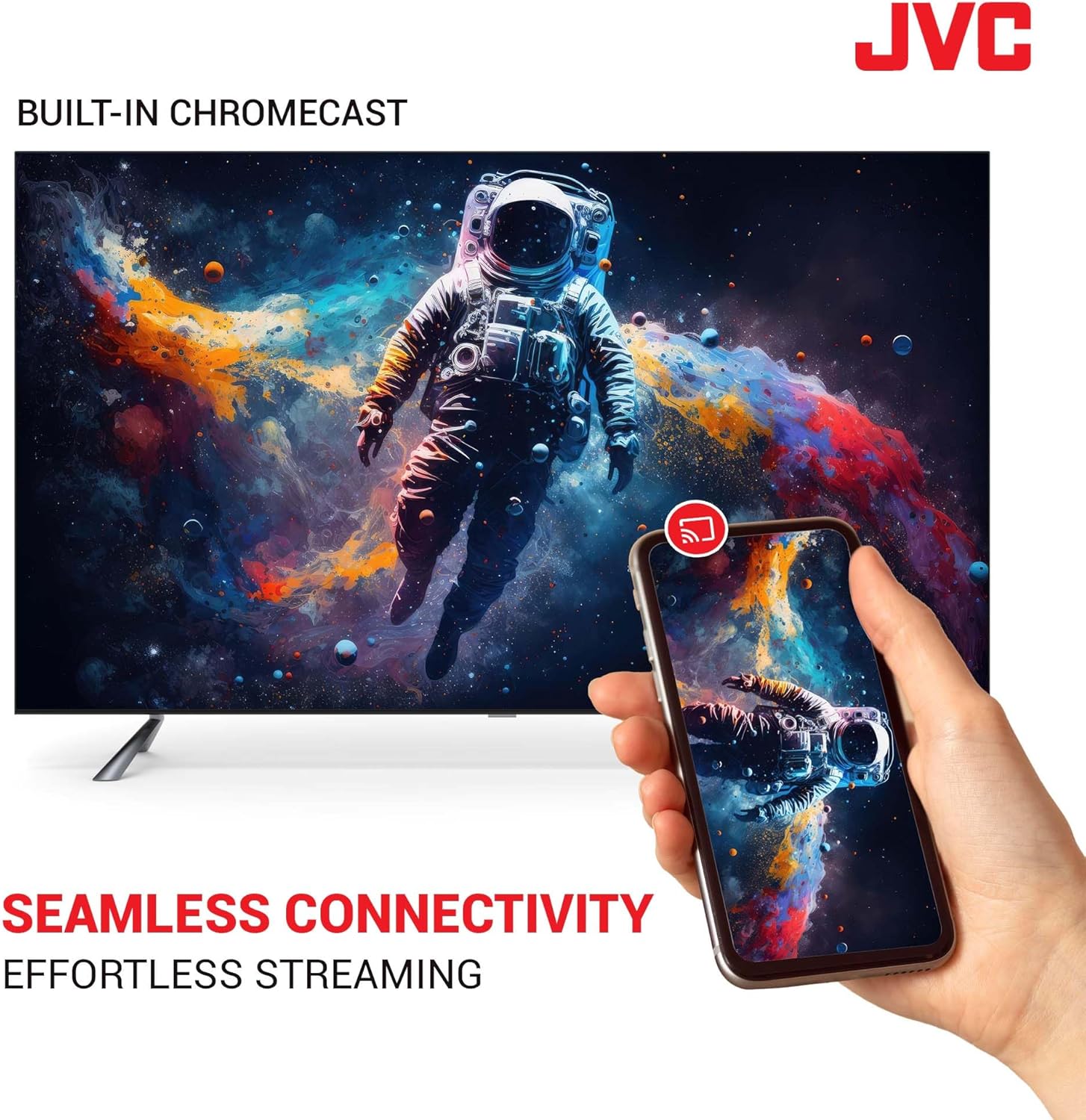 JVC TV with an astronaut graphic and a hand holding a smartphone with JVC branding.