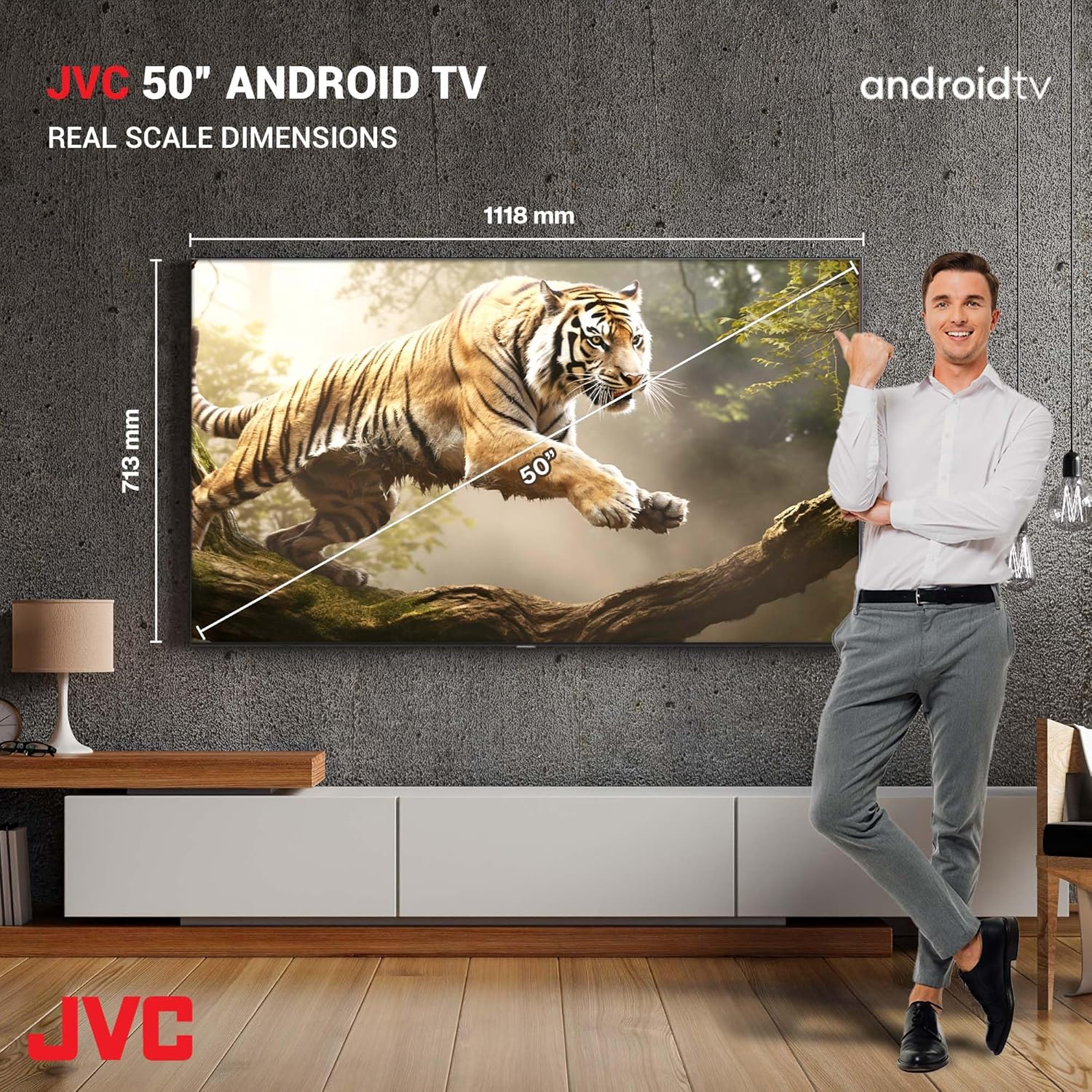 JVC 50" Android TV with a tiger display, man standing next to it, and measurement details.
