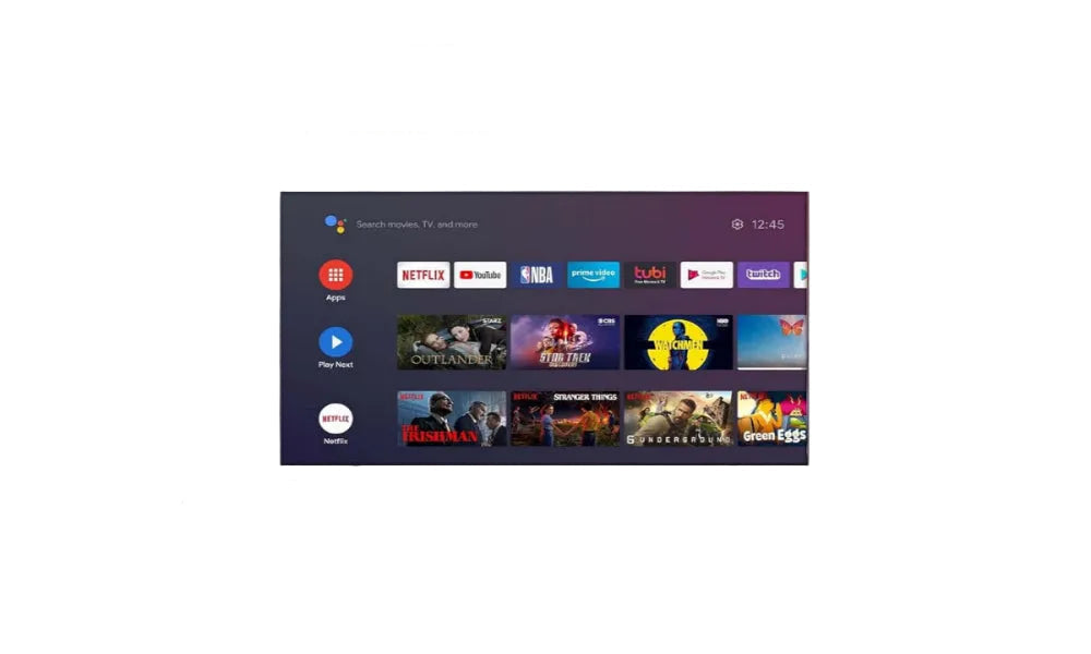 Modern living room with JVC Android TV displaying app icons on a white background