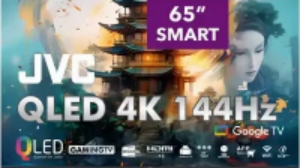 JVC QLED 4K TV with 65-inch display on a white background