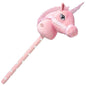 Pink plush unicorn toy on a stick with a white background