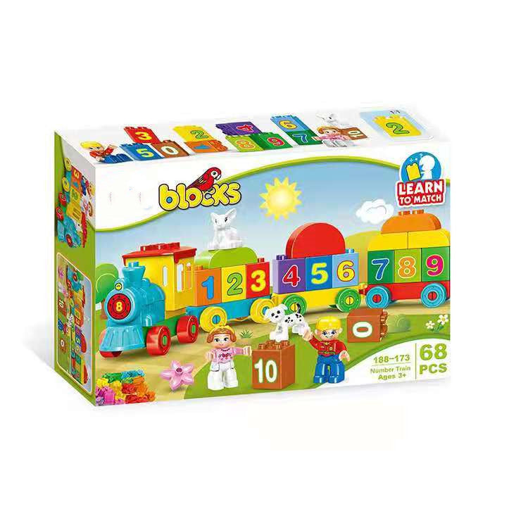 Toy block set packaging with colorful train design and numbers on a white background