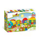 Toy block set packaging with colorful train design and numbers on a white background
