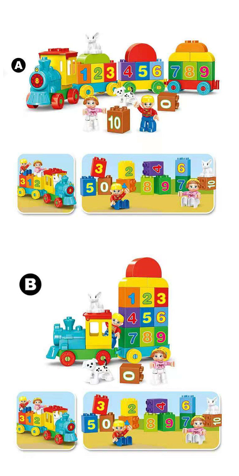 Children's educational toy set with colorful train and number blocks on a white background