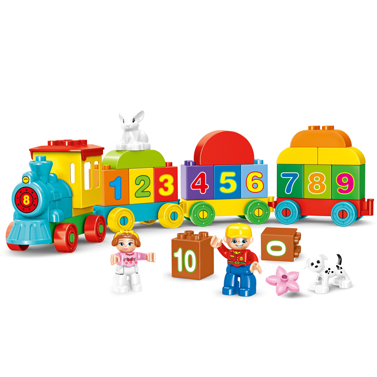 Colorful toy train with numbered cars and small figures on a white background