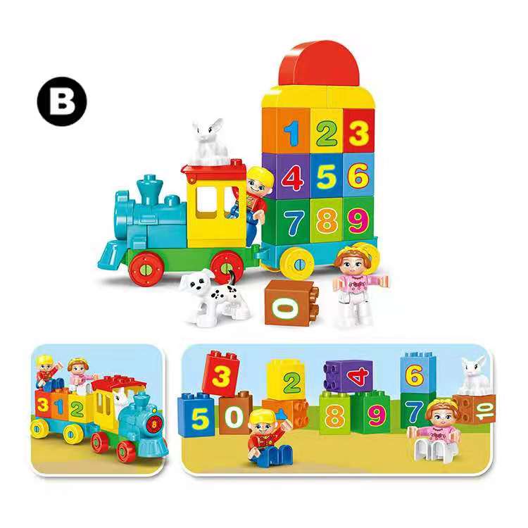 Children's toy set with colorful train and number blocks on a white background
