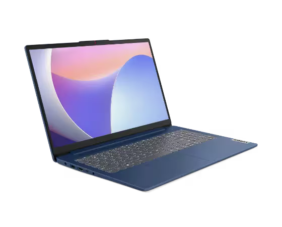 Blue laptop with a colorful display on a white background