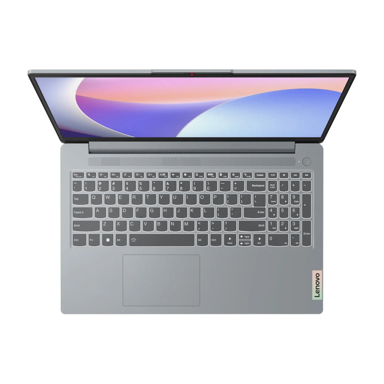 Lenovo laptop with a colorful display on a white background