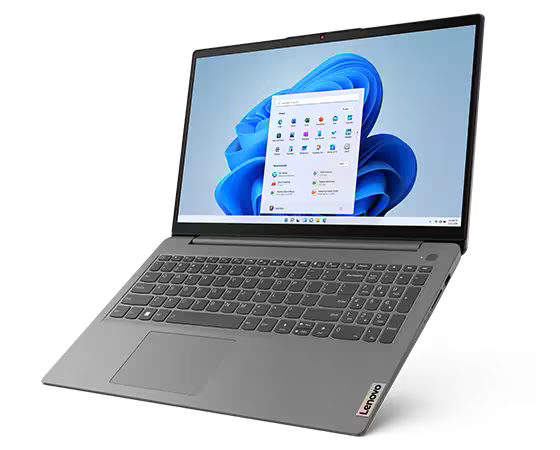 Lenovo laptop with a blue screen displaying a desktop with icons on a white background