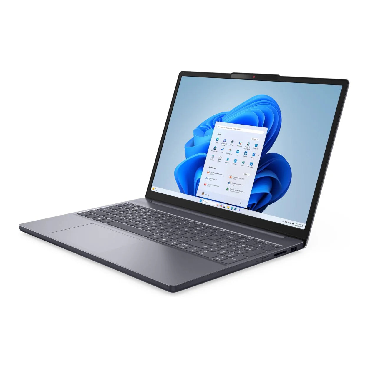 Laptop with a blue flower on the screen on a white background