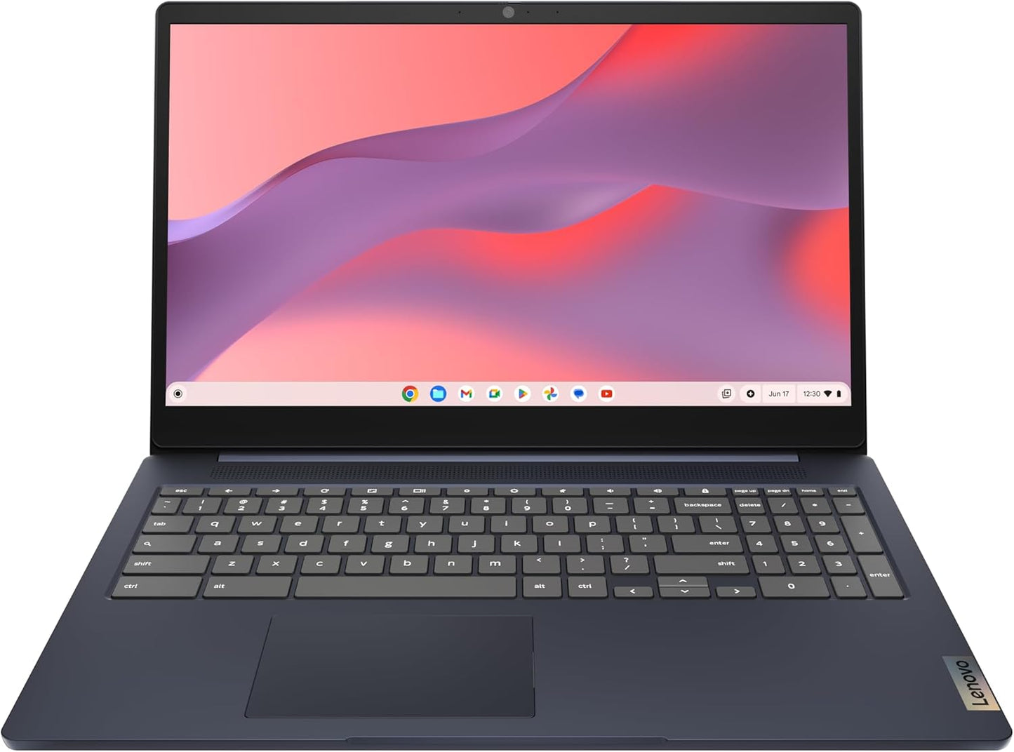 Laptop with a colorful display on a white background