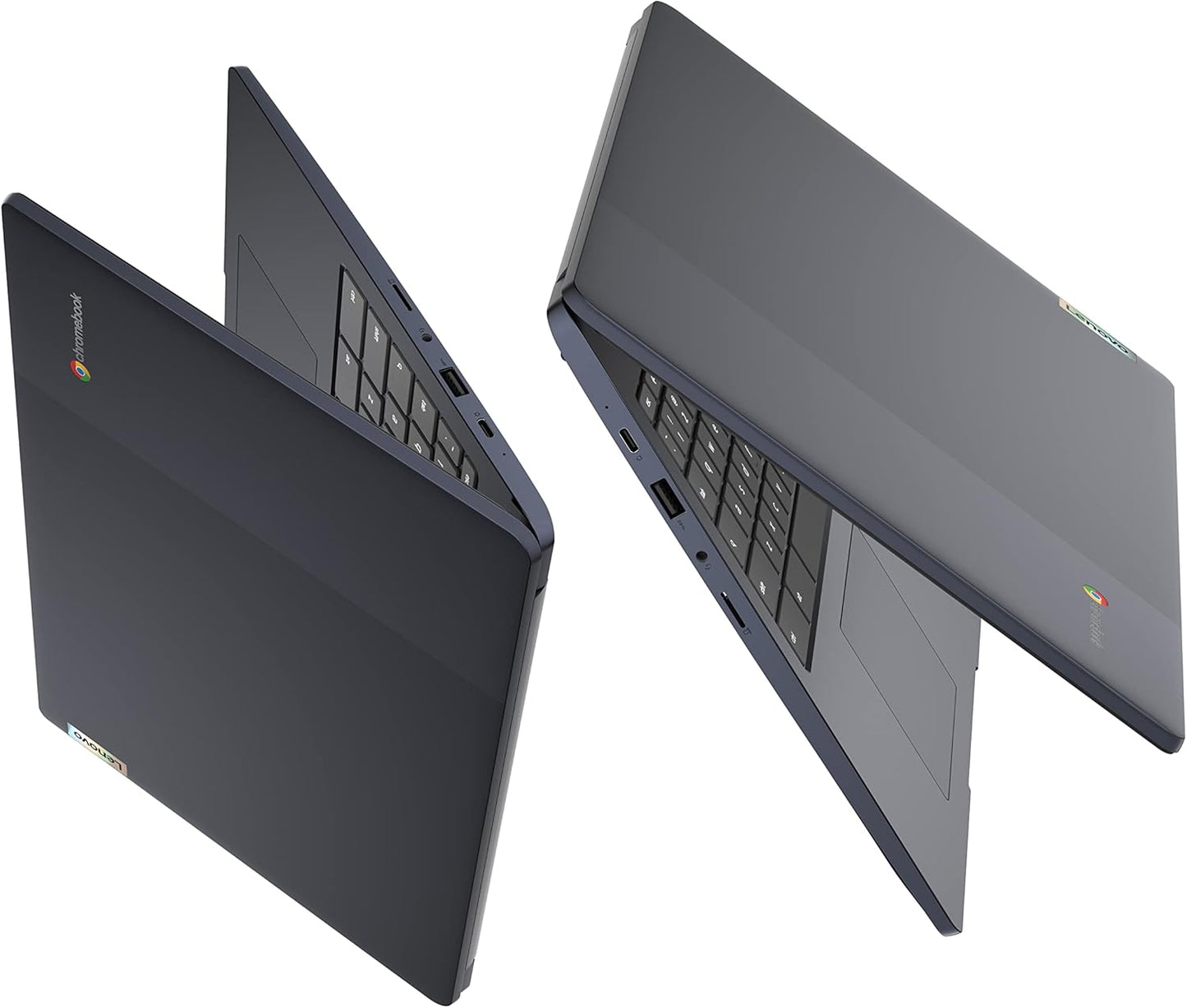 Two open laptops on a white background